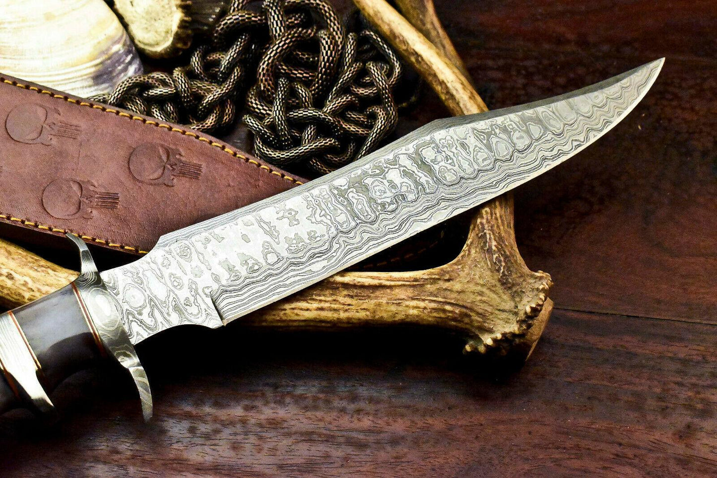 15.5" Handmade Damascus Bowie Knife – Camel Bone Sub-Hilt Handle & Leather Sheath