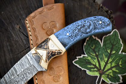 Twist Damascus Gut Hook Skinner Knife with Corian Handle for Hunting and Field Dressing