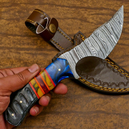 Resin Wood Damascus Skinner Hunting Knife Handmade EDC Fixed Blade