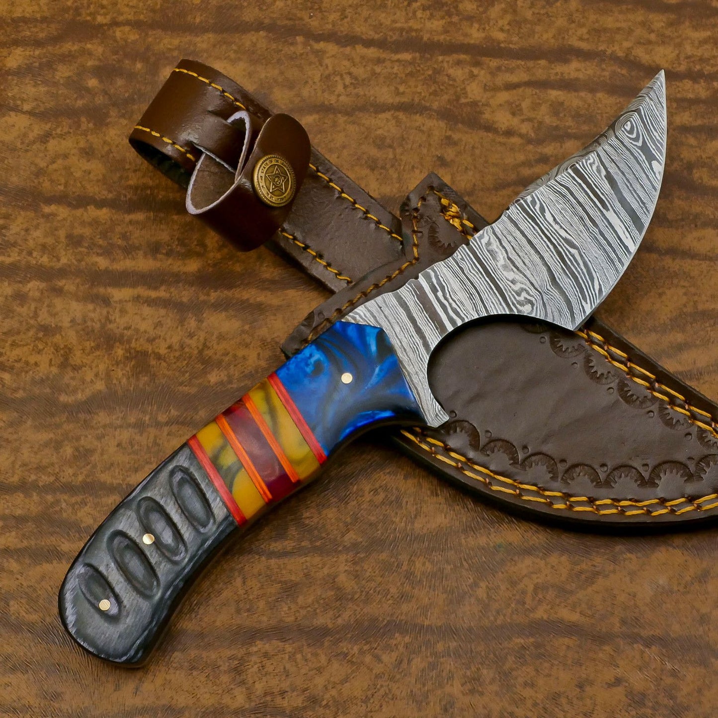 Resin Wood Damascus Skinner Hunting Knife Handmade EDC Fixed Blade