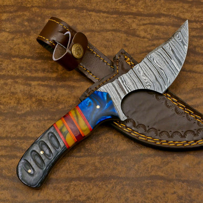 Resin Wood Damascus Skinner Hunting Knife Handmade EDC Fixed Blade