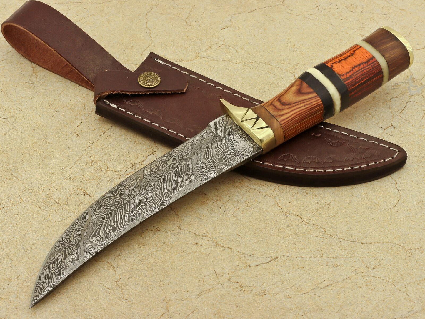 12" Handmade Damascus Steel Hunting & Bowie Knife – Pakka Wood, Rosewood & Bone Handle