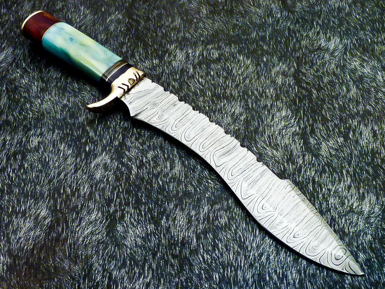 14" Hand Forged Damascus Bowie Hunting Knife – Stained Camel Bone Handle