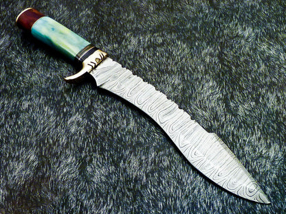 14" Hand Forged Damascus Bowie Hunting Knife – Stained Camel Bone Handle
