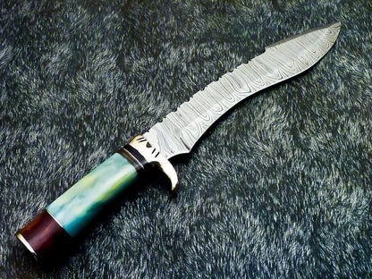 14" Hand Forged Damascus Bowie Hunting Knife – Stained Camel Bone Handle