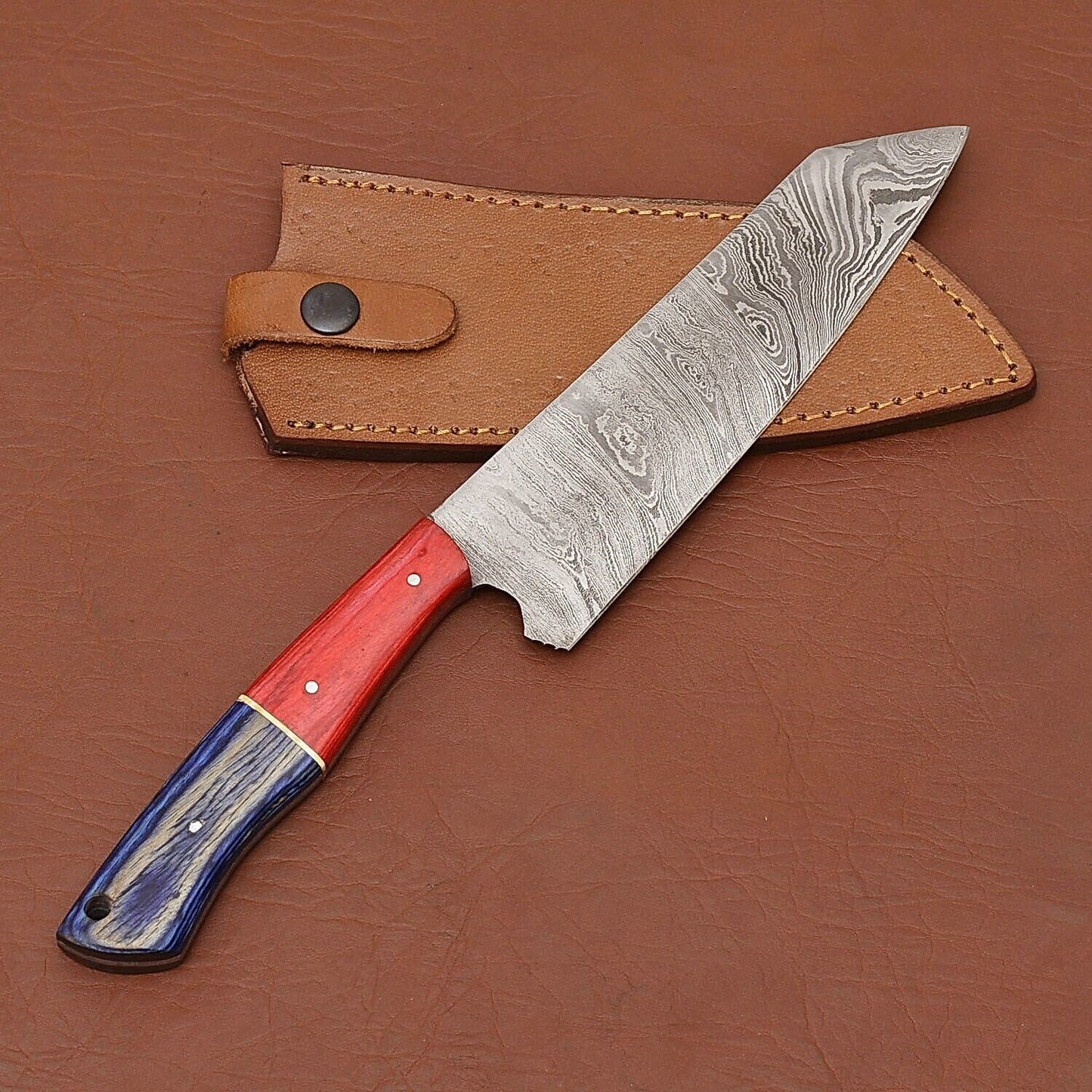 Custom Handmade Damascus Steel Chef Kitchen Knife | Wood Handle with Leather Sheath