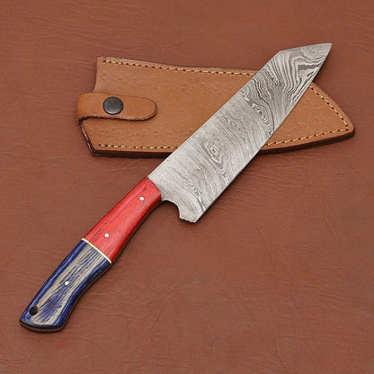 Custom Handmade Damascus Steel Chef Kitchen Knife | Wood Handle with Leather Sheath