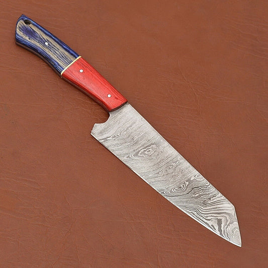 Custom Handmade Damascus Steel Chef Kitchen Knife | Wood Handle with Leather Sheath