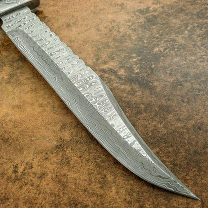 Custom Damascus Bowie Hunting Knife | Stag Crown Antler Handle, 12" Blade