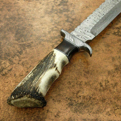 Custom Damascus Bowie Hunting Knife | Stag Crown Antler Handle, 12" Blade