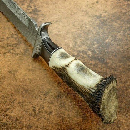 Custom Damascus Bowie Hunting Knife | Stag Crown Antler Handle, 12" Blade