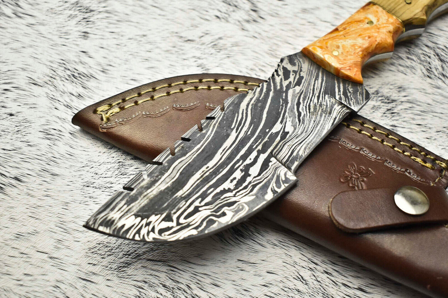 10" Handmade Damascus Steel Tracker Knife | Full Tang Hardwood Handle with Leather Sheath