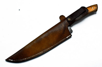 Hand Forged Damascus Steel Chef Knife – 13" Full Tang with Hard Wood Handle & Leather Sheath