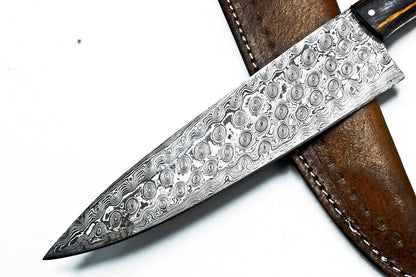 Hand Forged Damascus Steel Chef Knife – 13" Full Tang with Hard Wood Handle & Leather Sheath