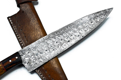 Hand Forged Damascus Steel Chef Knife – 13" Full Tang with Hard Wood Handle & Leather Sheath