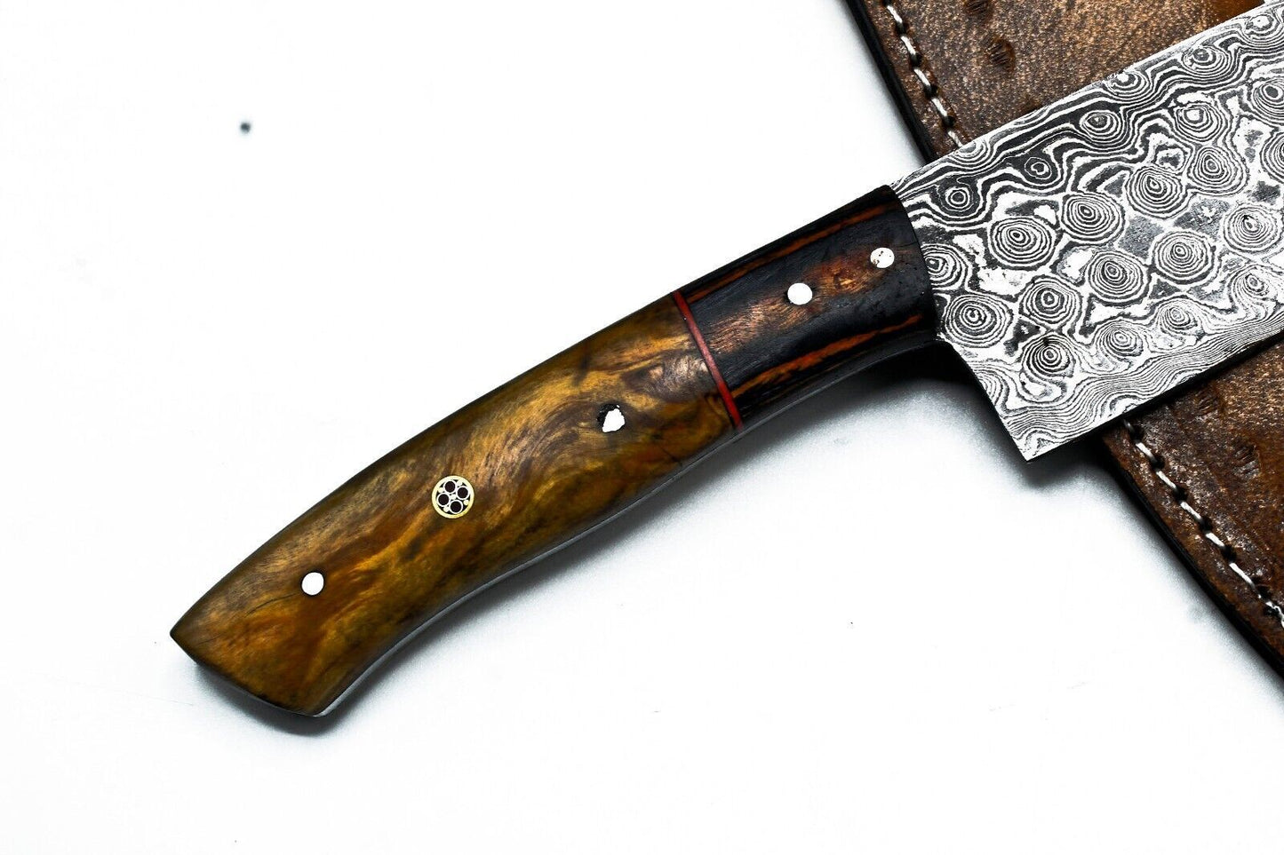 Hand Forged Damascus Steel Chef Knife – 13" Full Tang with Hard Wood Handle & Leather Sheath