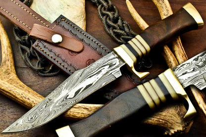 Custom Hand Made Damascus Steel Bowie Hunting Knife | Walnut Wood Handle
