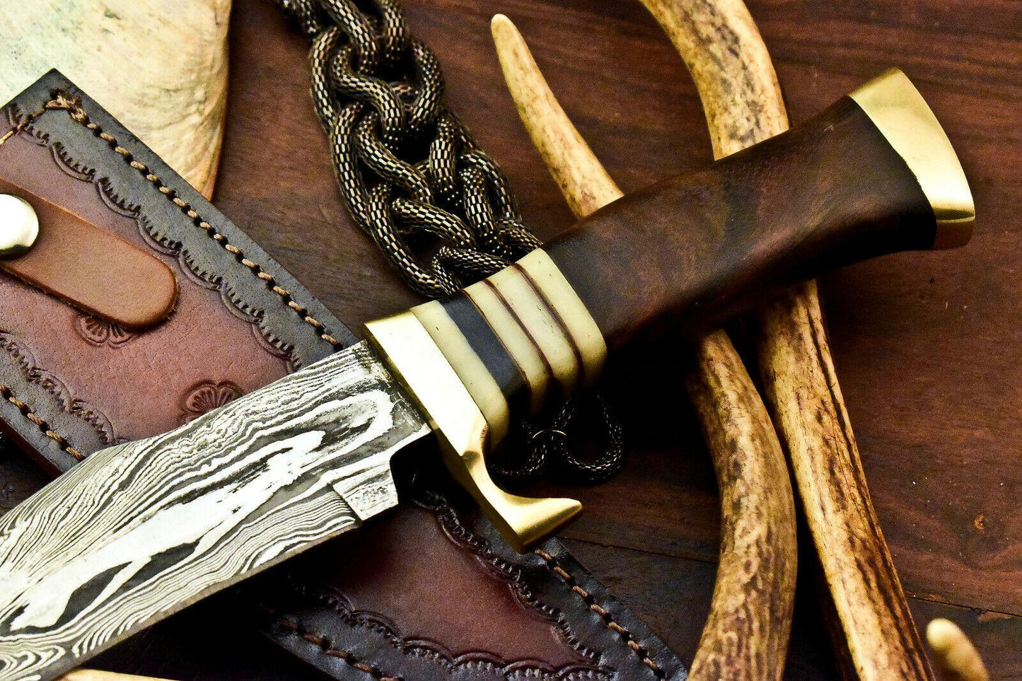 Custom Damascus Steel Bowie – 13" Handmade Hunting Knife with Walnut Wood Handle & Leather Sheath