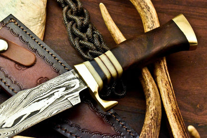 Custom Damascus Steel Bowie – 13" Handmade Hunting Knife with Walnut Wood Handle & Leather Sheath
