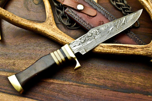 Custom Damascus Steel Bowie – 13" Handmade Hunting Knife with Walnut Wood Handle & Leather Sheath