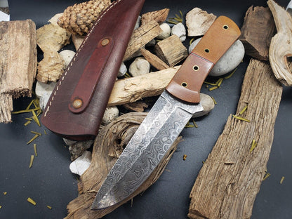 Damascus Bowie Knife – Micarta Handle, 10" Hand-Forged Blade with Leather Sheath
