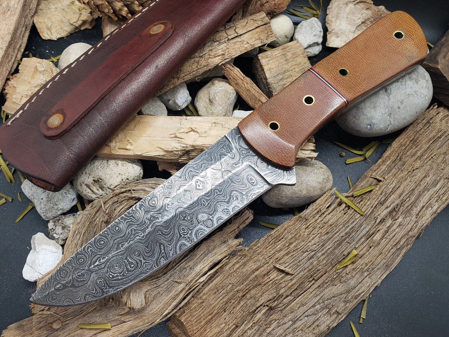 Damascus Bowie Knife – Micarta Handle, 10" Hand-Forged Blade with Leather Sheath