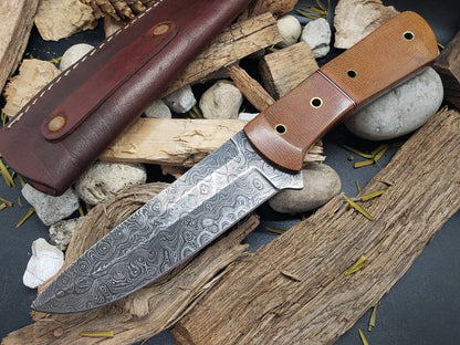 Damascus Bowie Knife – Micarta Handle, 10" Hand-Forged Blade with Leather Sheath