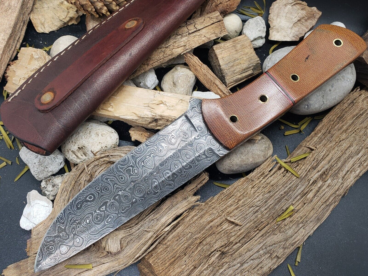 Damascus Bowie Knife – Micarta Handle, 10" Hand-Forged Blade with Leather Sheath