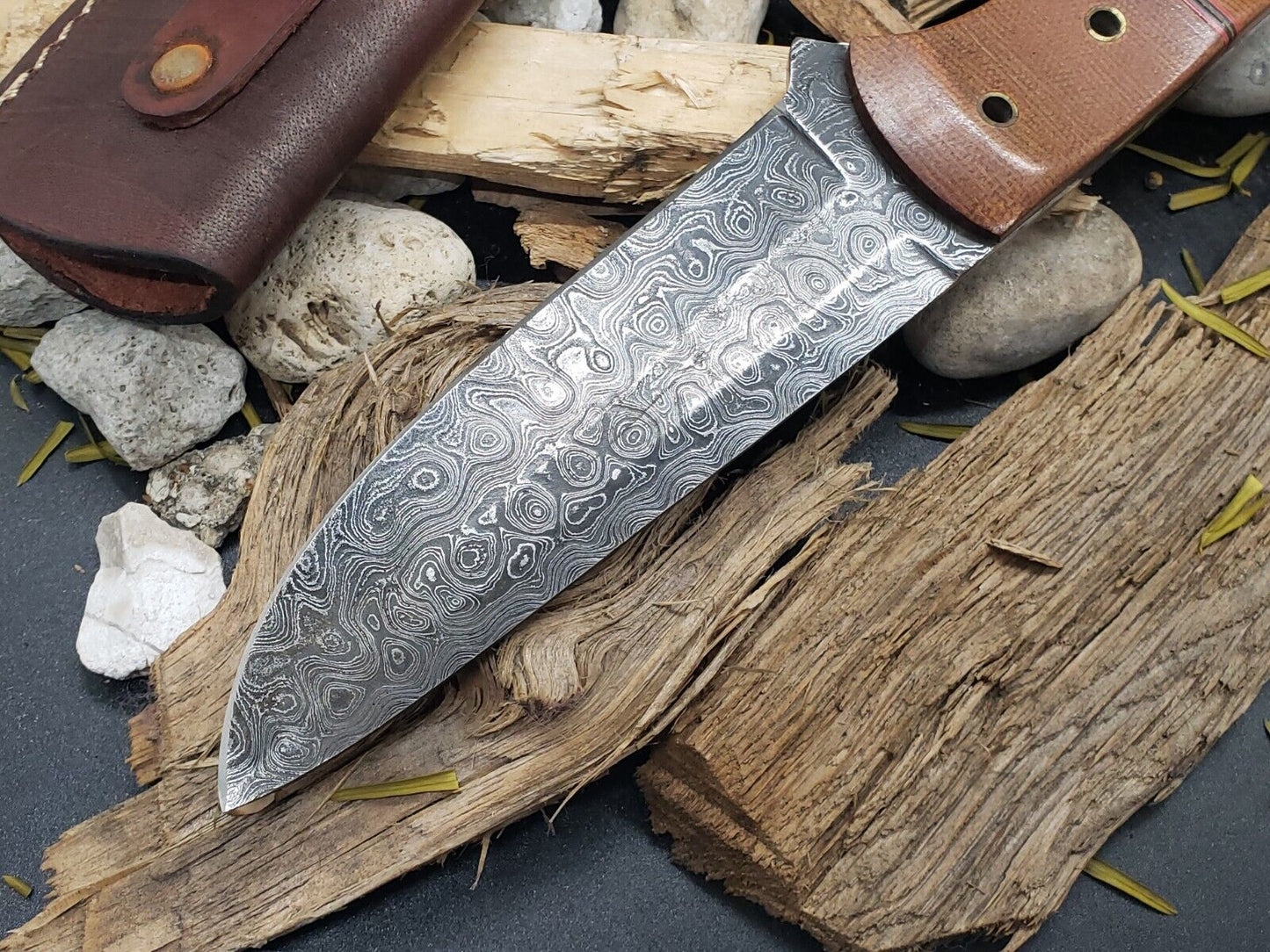 Damascus Bowie Knife – Micarta Handle, 10" Hand-Forged Blade with Leather Sheath