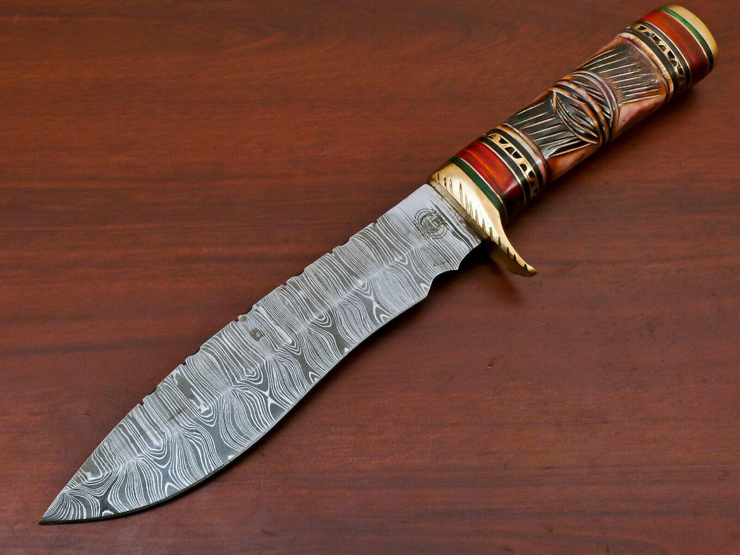 Handmade Damascus Bowie Knife – Stained Engraved Bone & Pakka Wood (12")