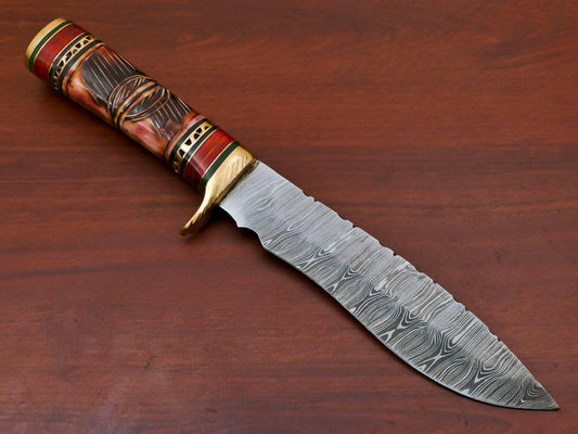 12 inch Damascus hunting knife, full view with tooled leather sheath