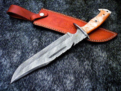 15 Inch Damascus Steel Bowie Knife with Resin Handle and Leather Sheath