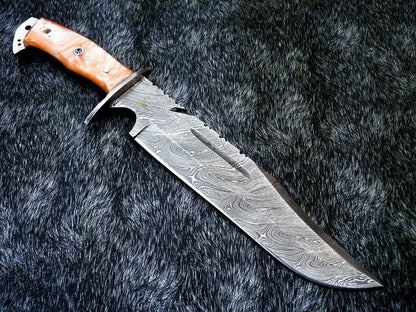 15 Inch Damascus Steel Bowie Knife with Resin Handle and Leather Sheath