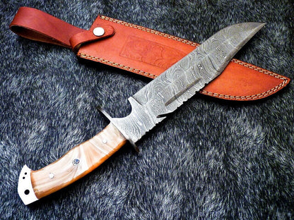 15 Inch Damascus Steel Bowie Knife with Resin Handle and Leather Sheath
