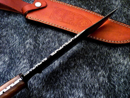 15 Inch Damascus Steel Bowie Knife with Resin Handle and Leather Sheath