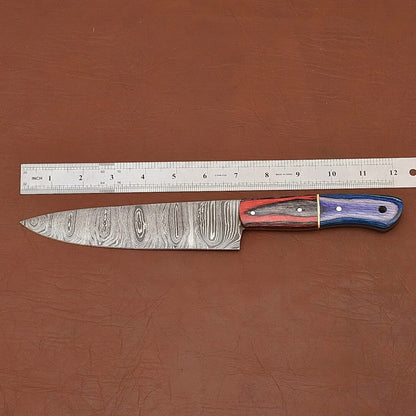 Custom Handmade Damascus Steel Chef Kitchen Knife with Wood Handle & Leather Sheath