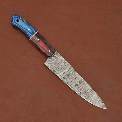 Custom Handmade Damascus Steel Chef Kitchen Knife with Wood Handle & Leather Sheath