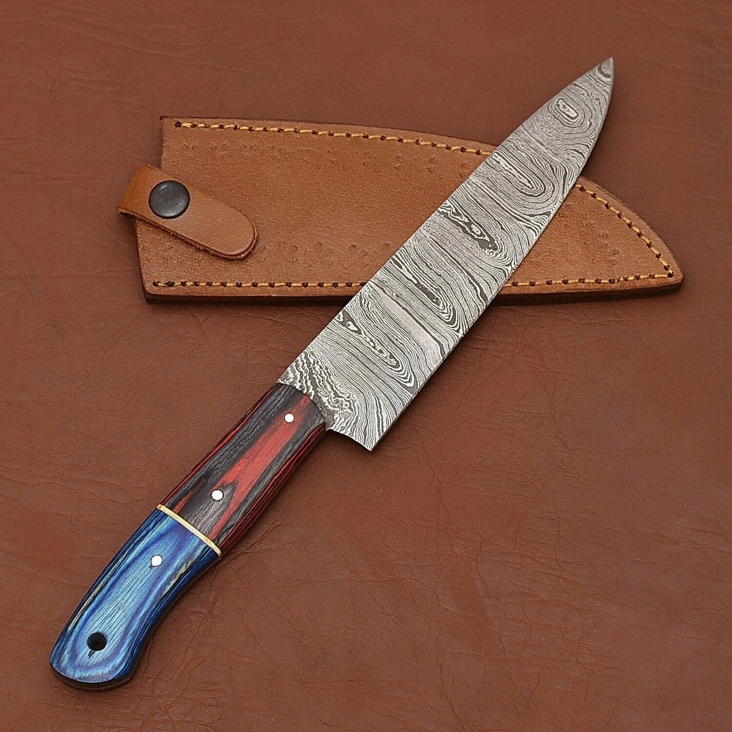 Custom Handmade Damascus Steel Chef Kitchen Knife with Wood Handle & Leather Sheath