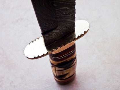 Heritage Forge Damascus Hunting Knife Engraved Camel Bone Hardwood Handle with Brass Bolster