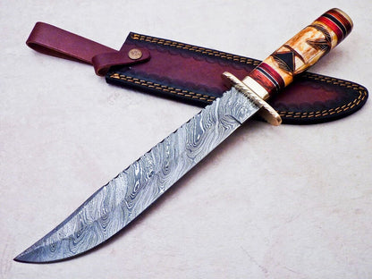 Heritage Forge Damascus Hunting Knife Engraved Camel Bone Hardwood Handle with Brass Bolster