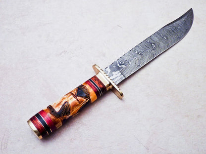 Heritage Forge Damascus Hunting Knife Engraved Camel Bone Hardwood Handle with Brass Bolster