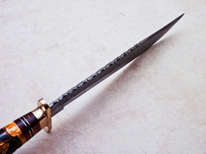 Heritage Forge Damascus Hunting Knife Engraved Camel Bone Hardwood Handle with Brass Bolster