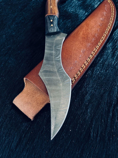 Heritage Forge 10.5 Inch Fire Damascus Steel Hunting Knife with Camel Bone and Wood Handle