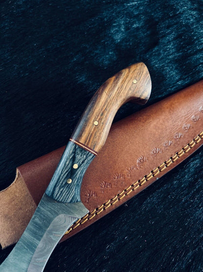 Heritage Forge 10.5 Inch Fire Damascus Steel Hunting Knife with Camel Bone and Wood Handle