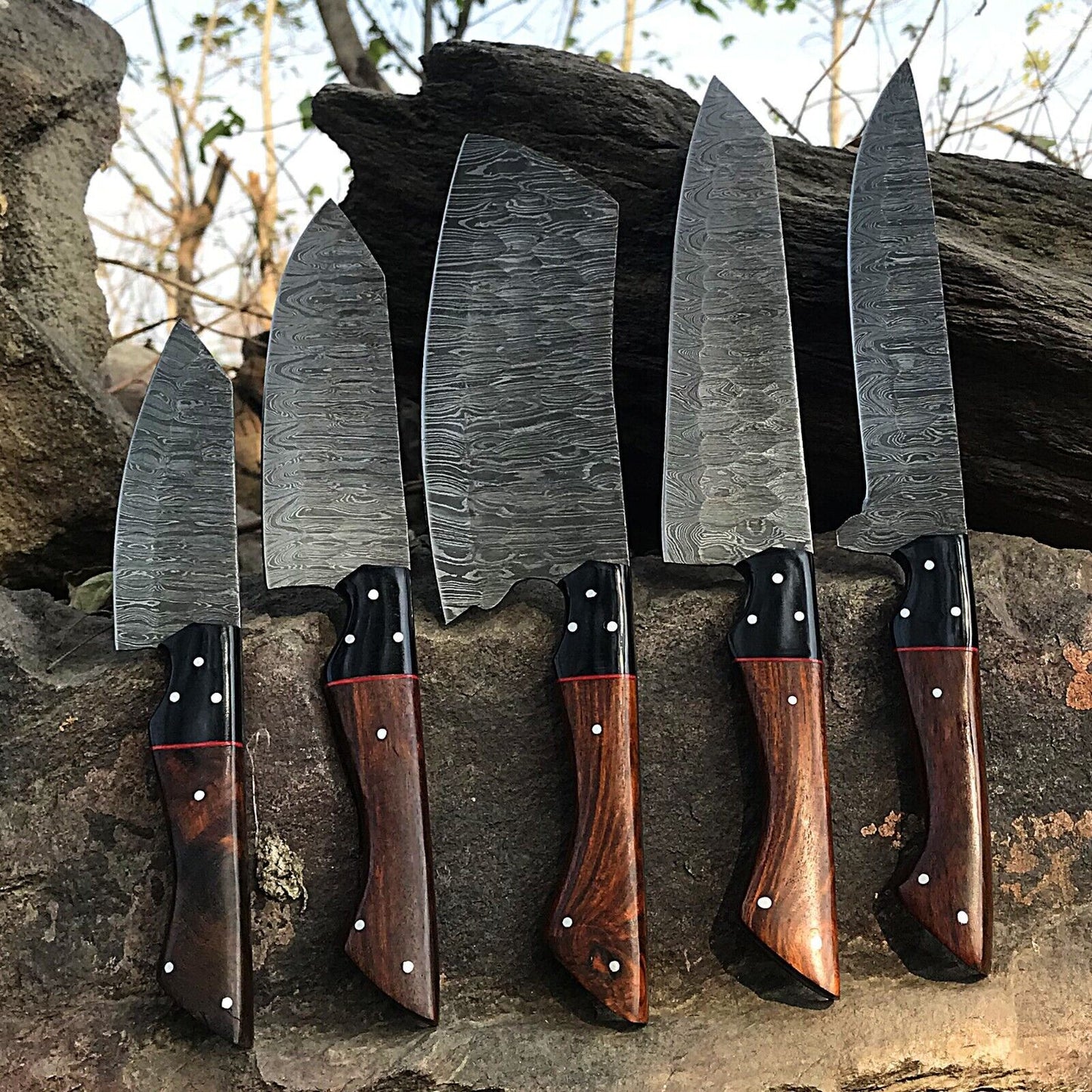 5pcs Custom Handmade Chef Knife Set – Damascus Forged Steel Kitchen Knives with Premium Handles