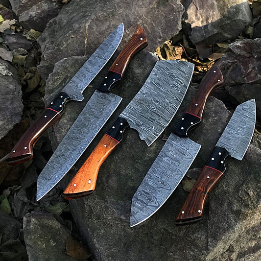 5pcs Custom Handmade Chef Knife Set – Damascus Forged Steel Kitchen Knives with Premium Handles