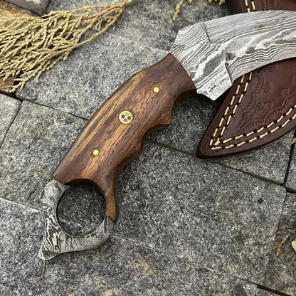 Handmade Damascus Karambit Knife Best Hunting Knife with Rose Wood Handle