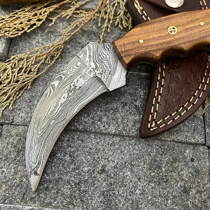 Handmade Damascus Karambit Knife Best Hunting Knife with Rose Wood Handle