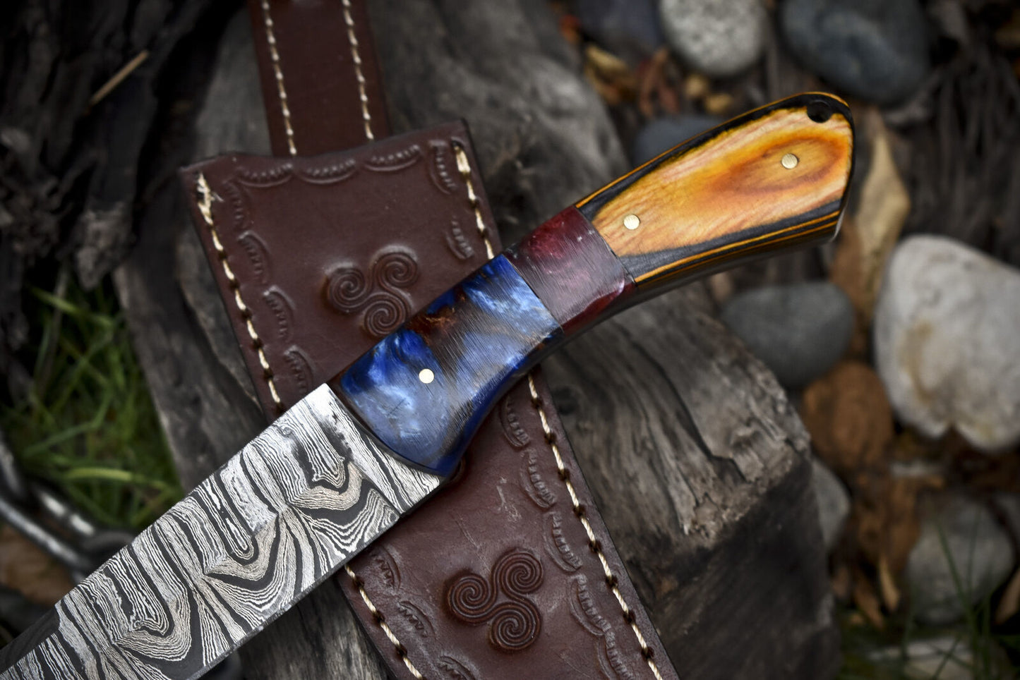 11.0" Twist Damascus Skinner Knife Mixed Material Handle Hunting Sports Blade
