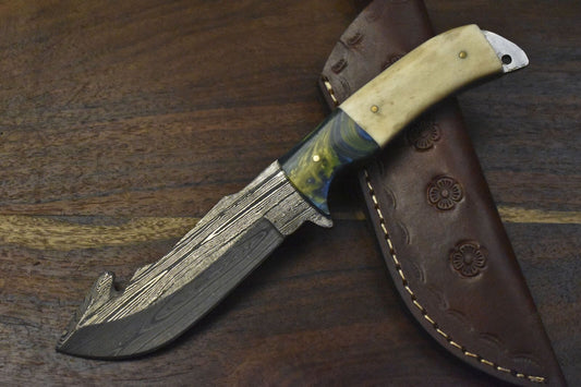 Custom Hand Forged Twist Damascus Skinner Knife with Gut Hook and Bone Handle – 9" Fixed Blade EDC